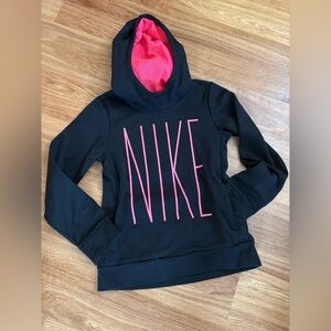 Nike Dri Fit Therma Youth Girls' black and pink fleece spell-out hoodie